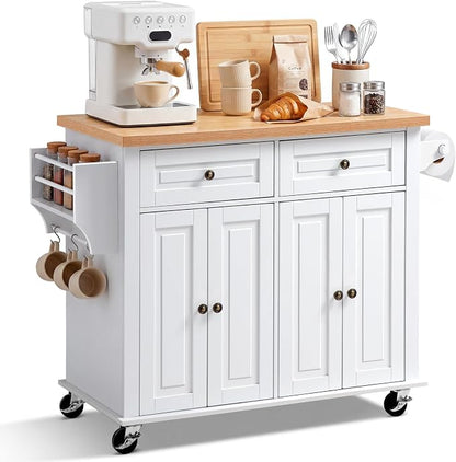 VEVOR Kitchen Island Cart with Storage, 43.7 in Wide Mobile Rolling Storage Island on Swivel Wheels, with 2 Drawers, Storage Cabinet, Spice/Towel Rack, Hooks, Table for Home Dining Room, White | Home Dining Use, Spice Towel Rack With Hooks, Cabinet She...