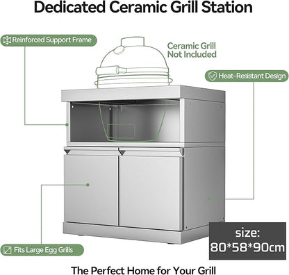 Outdoor Kitchen Egg Smoker Cabinet Without Kamado, Stainless Steel Ceramic Grill Base, Patio BBQ Island Storage Module, Egg Not Included, No Countertop