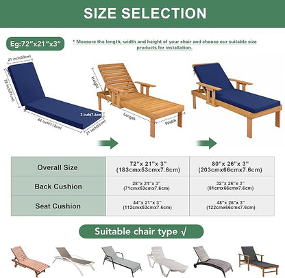 Summsun Chaise Lounge Cushions Outdoor - Waterproof and Fade Resistant Sun Lounger Replacement Cushions - Patio Lounger Pads with Removable Cover for Pool, Deck, Lawn, 72 x 21 x 3 Inch, Navy