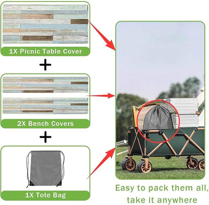 JAWO Rustic Wooden Picnic Table Cover with Bench Covers, Modern Camping RV Essentials Gear Supplies Outdoor Waterproof Windproof Tablecloth with Elastic, 30X96in