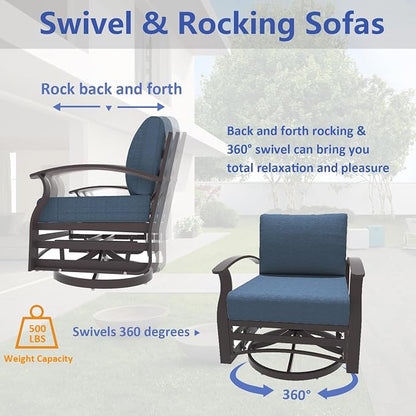 ALAULM Aluminum Patio Furniture Set with Swivel Chairs 7-seat Metal Outdoor Furniture Patio Sectional Sofas w/2 Ottomans for Porch, Backyard, Poolside-Dark Blue