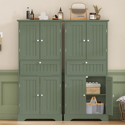 ChooChoo 51" H Bathroom Floor Cabinet with Drawers and Adjustable Shelves | Bathroom Storage Cabinet, Freestanding Kitchen Pantry Cupboard with 4 Doors for Living Room, Green
