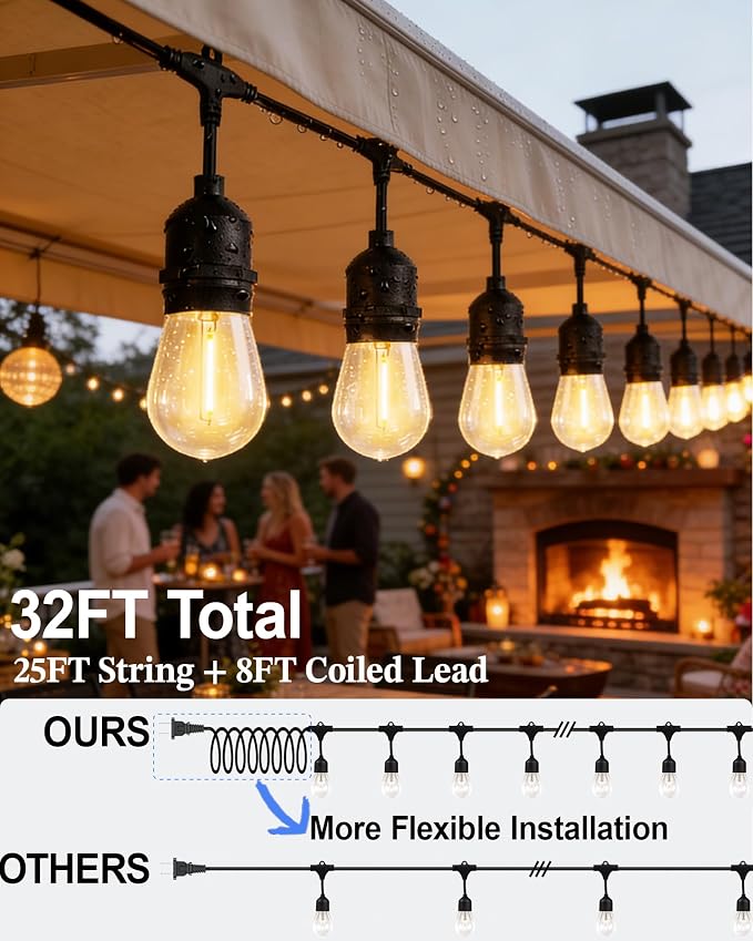 Gmnee 25FT Outdoor String Lights for Patio, Balcony & Porch – 16 LED Edison Bulbs (1.6FT Spacing), Dimmable Heavy-Duty Patio Lights for Backyard, Gazebo, Bistro, Party and Garden Decor (Plug in)