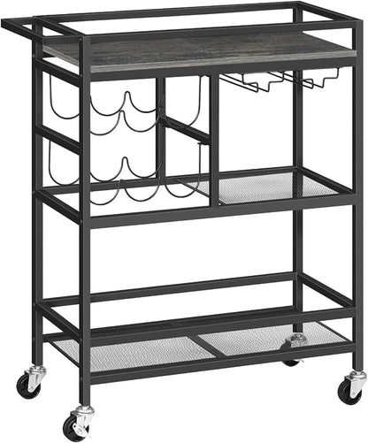 MAHANCRIS Bar Cart for Home, 3-Tier Serving Cart with Wheels and Handle, Beverage Cart with Wine Rack and Glass Holders, Rolling Wine Cart for Kitchen, Dining Room, Charcoal Gray and Black RCHT6101