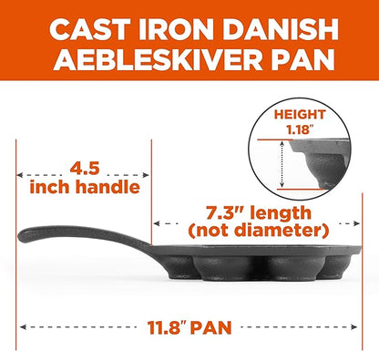 Commercial CHEF Danish Aebleskiver Pan, Pre-Seasoned Cast Iron, Seven Sections For Mini Puffs and Pancake Balls, Works on All Cooktops Including Induction, Outdoor Cookware for Grills, CHCI4105