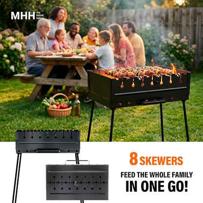 Charcoal Grill for 8 Skewers - Portable Barbecue 16.9"×11.8"×21.2" Kabob Camp Grills - Foldable Metal Mangal - Kebab Shish - BBQ for EDC Picnic Outdoor Cooking Camping Hiking (Skewers Not Included)