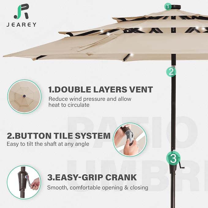 JEAREY 9 ft 3-Tier Outdoor LED Lighted Patio Umbrella w/Crank, Beige | Solar Market Table Umbrella with 8 Sturdy Ribs, UV Protection Waterproof Sunproof for Garden, Deck and Backyard