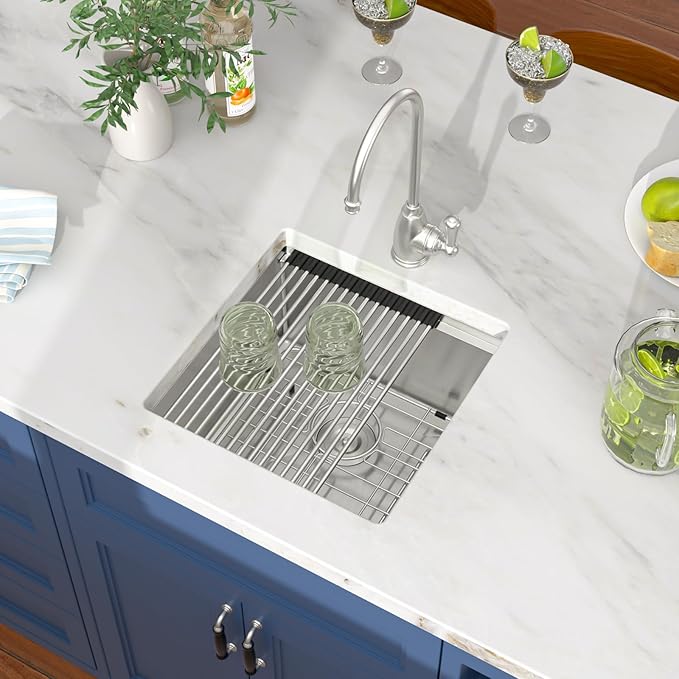 17x17 Inch Undermount Wet Bar Sink Square Workstation Kitchen Sink, Single Bowl 16 Gauge Stainless Steel for RV, Camper Van, Outdoor Kitchen, Basement Bar, or Small Home Kitchen