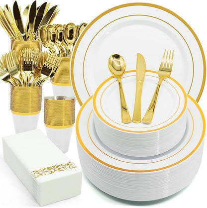AIRE 350PCS Gold Plastic Plates for Party Supplies Dinnerware Sets for 50 Guests, Disposable Plastic Party Plates, Cups, Spoons, Forks, Knives, Napkins for Wedding Birthday Thanksgiving BBQ Parties