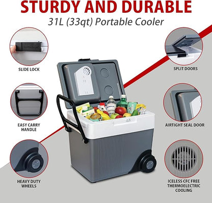 Koolatron Thermoelectric Iceless 12V Cooler/Warmer 33 qt (31 L) w/Wheels, Portable Electric Rolling Car Fridge w/ 12 Volt DC Power Cord, Grey/White, Travel Road Trips Camping, Made in North America