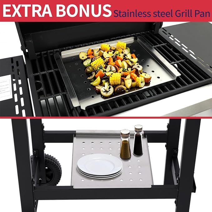 3-Burner Propane Gas Grill with Cast Iron Grate, 30,000 BTU Output & 252 Sq. Inch Cooking Space, Easy-Clean System & Foldable Side Tables for Outdoor BBQ (3-Burner)