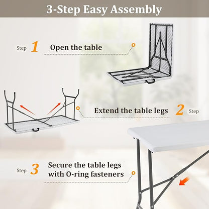 Tangkula 5FT Folding Table, Indoor Outdoor Foldable Plastic Table with HDPE Tabletop, Sturdy Metal Fame, Carrying Handle, 4-6 Person Picnic Table for Camping BBQ Party