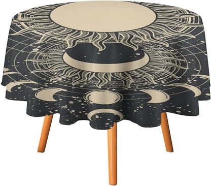 Vintage Tarot Round Tablecloth Boho Mystical Astrologer Zodiac Full Moon Phases Star Galaxy Space Table Cloth Water Resistant Wipeable Table Cover for Picnic Party Holiday Kitchen Dinner Table 50"