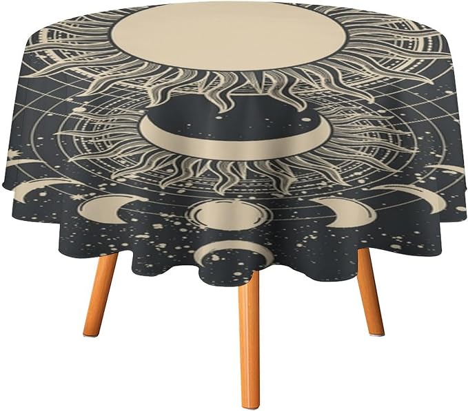 Vintage Tarot Round Tablecloth Boho Mystical Astrologer Zodiac Full Moon Phases Star Galaxy Space Table Cloth Water Resistant Wipeable Table Cover for Picnic Party Holiday Kitchen Dinner Table 60"