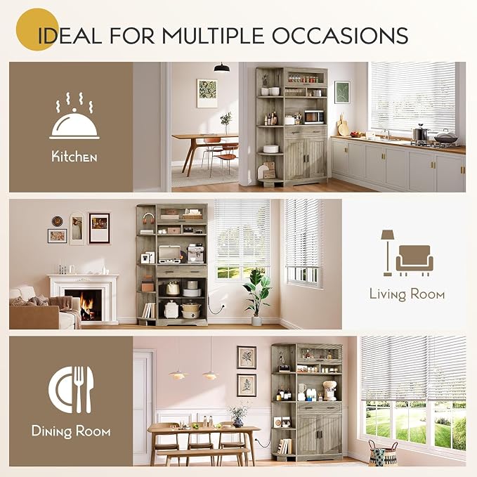 YITAHOME 67" Kitchen Hutch with Outlet, Shelves & Drawer, Antique Gray | Farmhouse Microwave Stand Buffet Coffee Bar for Living Room and Dining Room