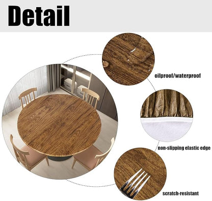 LUSHVIDA Round Waterproof Table Cover Elastic Vinyl Fitted Tablecloth Elastic Edged Plastic Table Cloth (Pine, Best for Up to 45"-56" Round)