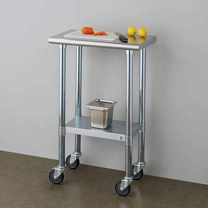 ROCKPOINT Stainless Steel Table for Prep & Work with Caster Wheels 14x24 Inches, NSF Metal Commercial Kitchen Heavy Duty Table with Adjustable Under Shelf and Table Foot for Restaurant, Home and Hotel