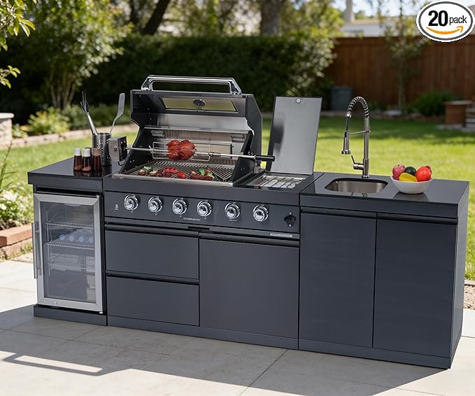 Outdoor Grills & Smokers Portable Camping Charcoal Grill Cooking Barbecue, 98-Inch Gas Island with Rotisserie Kit, Granite Countertops, Stainless Steel Sink, Wine Cooler Compact Refrigerator,A3