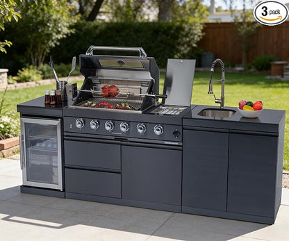 BBQ Island Outdoor Kitchen Kits, 4-Burner 72000 BTU Stainless Steel Modular 98 Inch Natural Gas Outdoor Kitchen Bar Barbecue Island Grill with Refrigerator and Sink for Patio Backyard