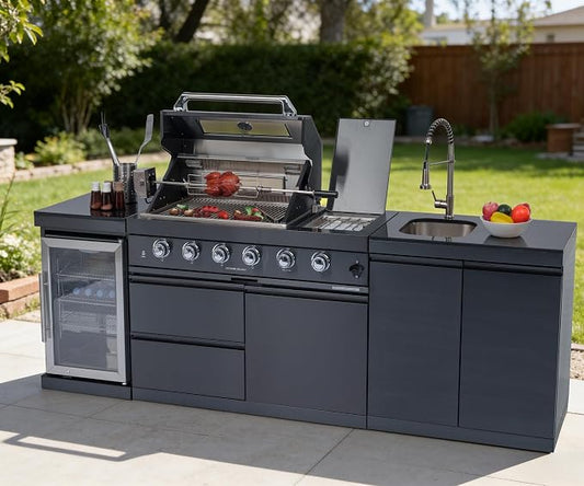 98" 4-Burner 72000 BTU Deluxe Outdoor Kitchen Island,304 Stainless Steel Modular LPG BBQ Grill Combination With Granite Countertops, Storage Cabinet, Refrigerator and Sink (98"-Black, Propane Gas)