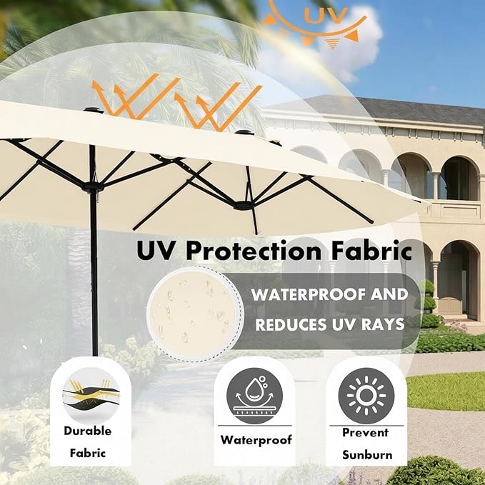 15ft Patio Umbrella Replacement Canopy for 12 Ribs, Large Outdoor Umbrella Top Cover Only,Double-Sided Fabric for Market Umbrellas, Sombrillas de Patio Repuesto (Frame NOT Included),beige