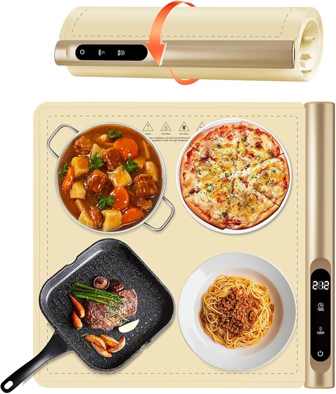 Newise Upgrade Graphene Warming Mat for Food, Electric Warming Tray Rapid Heating with 6 Temps &Timer Settings, Portable Food Warming Mat for Countertop Buffets Party, Beige