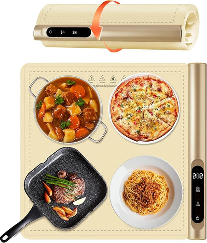 Newise Upgrade Graphene Warming Mat for Food, Electric Warming Tray Rapid Heating with 6 Temps &Timer Settings, Portable Food Warming Mat for Countertop Buffets Party, Beige