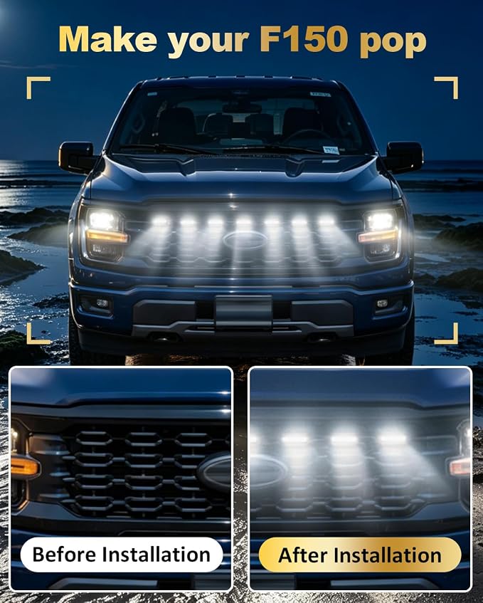 Front Grill Raptor Lights for Ford F150 2024 2025 2026 (White, STX) | 5th Gen F150 Grille Marker Lights, Waterproof F150 LED Lights Accessories, Snap-in Installation, OEM Style, Off-road Driving