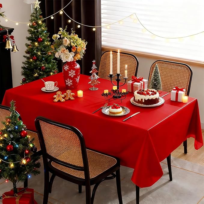 SASTYBALE Red Vinyl Tablecloth with Flannel Backing, Waterproof PVC Tablecloths for Rectangle Tables, Plastic Wipeable Table Cloths for Daily, Holiday and Party Dinner(60 x 84 Inch)