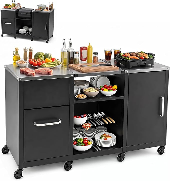 HAPPYGRILL 59” Outdoor Grill Table w/2 Removable Shelves & Storage Cabinets | Heavy-duty BBQ Prep Station w/ Stainless Steel Top, Lockable Universal Wheels, Suitable for Gas Grills & Charcoal Griddles