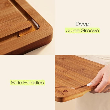 ROYAL CRAFT WOOD Wooden Cutting Boards for Kitchen Meal Prep & Serving - Bamboo Non Toxic Cutting Board Set with Deep Juice Groove Side Handles - Charcuterie & Chopping Butcher Block for Meat (2 Pcs)