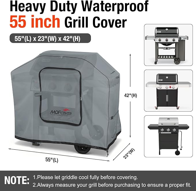 Exclusive Foldable 55 inch Grill Cover, 600D Heavy Duty Outdoor BBQ Cover for 3-4 Burners Grill, Waterproof Fade Resistant Barbecue Cover, Gray