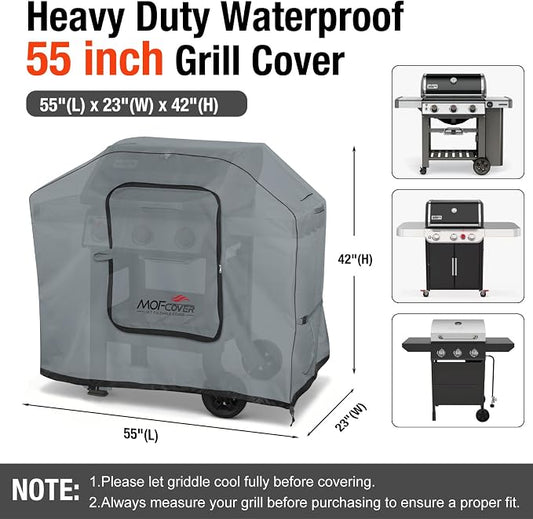 Exclusive Foldable 55 inch Grill Cover, 600D Heavy Duty Outdoor BBQ Cover for 3-4 Burners Grill, Waterproof Fade Resistant Barbecue Cover, Gray