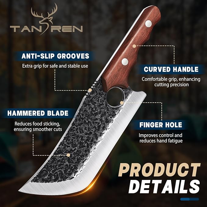 TAN REN 3PCS Butcher Knife Set for Meat Cutting, Hand Forged Meat Cleaver Knives with Wood Handle, Grilling Knife Set for Men