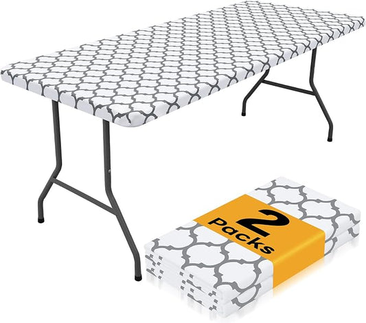 Smiry 2 Pack Rectangle Table Cloth 4 Foot, Waterproof Elastic Fitted Tablecloths, Windproof Washable Polyester Table Cover for Picnic, Camping, Outdoor (White, 30"x48")