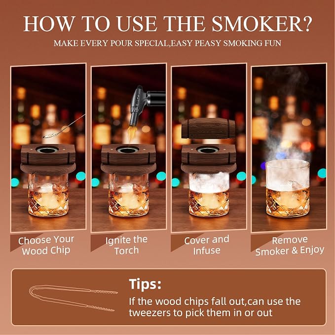 Enhanced Whiskey Smoker Kit with Torch – Old Fashioned Cocktail Smoker Infuser Set, 6 Wood Chip Flavors with Glasses & Ice Ball Molds – Gifts for Men, White Elephant & Stocking Stuffers (No Butane)
