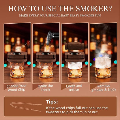 Enhanced Whiskey Smoker Kit with Torch – Old Fashioned Cocktail Smoker Infuser Set, 6 Wood Chip Flavors with Glasses & Ice Ball Molds – Gifts for Men, White Elephant & Stocking Stuffers (No Butane)