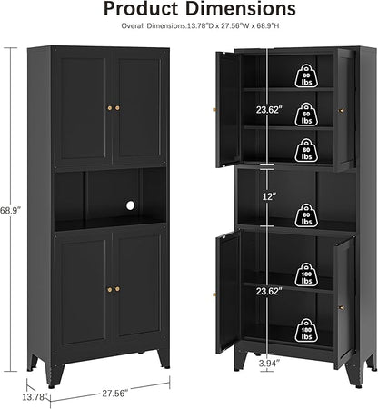 69" H Kitchen Pantry Cabinet with Countertop,Kitchen Hutch Cabinet with Storage,Black Metal Storage Cabinet,Microwave Cabinet,