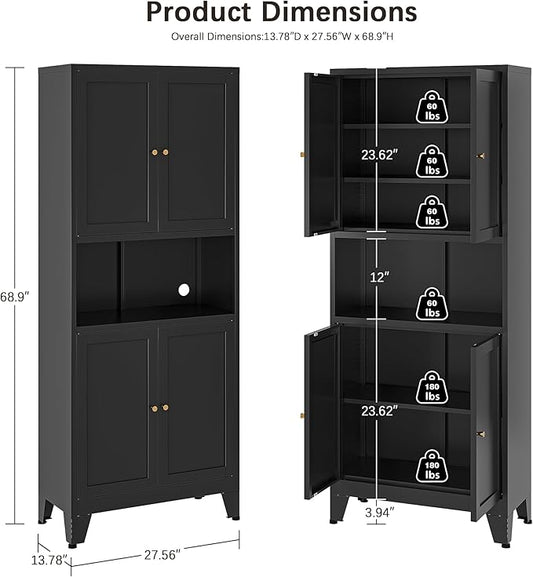69" H Kitchen Pantry Cabinet with Countertop,Kitchen Hutch Cabinet with Storage,Black Metal Storage Cabinet,Microwave Cabinet,