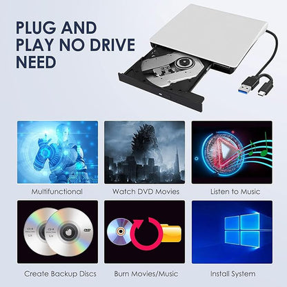 External CD/DVD Drive for Laptop, Type-C CD/DVD Player USB 3.0 Portable Burner Writer Reader Compatible with Mac MacBook Pro/Air iMac Desktop Windows 7/8/10/XP/Vista(White)