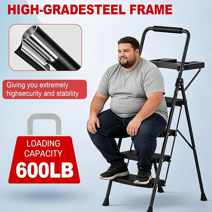 4 Step Ladder, Anautin Folding Step Stool with Tool Tray, Wide Anti-Slip Pedals, Heavy Duty Steel Step Ladder with Handrails, Portable Foldable Ladder for Kitchen Closet Garage Home 600lbs Capacity