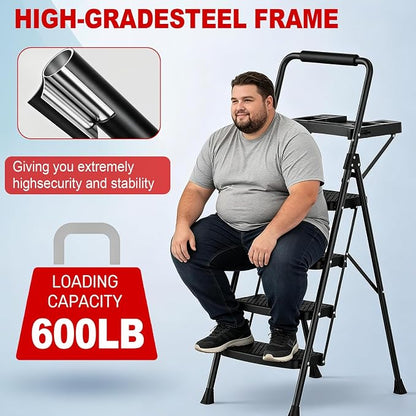 4 Step Ladder, Anautin Folding Step Stool with Tool Tray, Wide Anti-Slip Pedals, Heavy Duty Steel Step Ladder with Handrails, Portable Foldable Ladder for Kitchen Closet Garage Home 600lbs Capacity