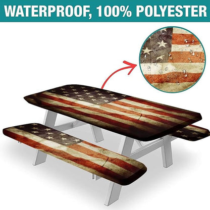 American Flag Fitted Picnic Table Tablecloth Cover, Stock Photo Old Wooden with Shabby Paint Print, 28x72 Inch Rectangle Table Cover Set for Outdoor, Park, Patio, Turq Use