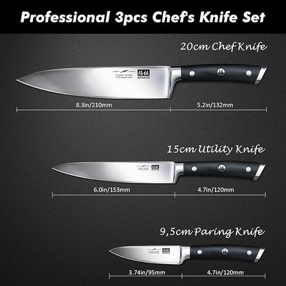 SHAN ZU Kitchen Knife Sets 3pcs, Professional German 5Cr15MoV Stainless Steel, High Carbon Steel Knives Sets, Ultra Sharp Ergonomic Wood Handle & Full Tang Design, Gift Box Included