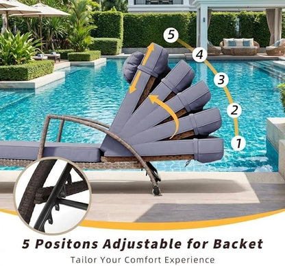 GarveeLife Outdoor Wicker Chaise Lounge Chair with Cushion, Metal Frame Patio Reclining Lounge Bed, All-Weather Rattan Sun Lounger for Poolside, Garden, Backyard & Balcony,Brown Wicker, Blue Cushion