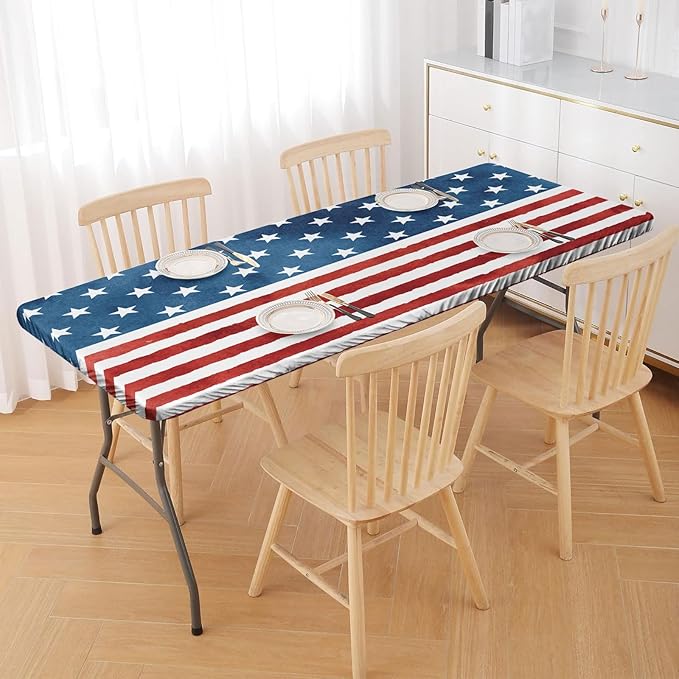 Irisbell Picnic Table Cover with Elastic Edge,6FT Wind Proof Wrinkleproof Fitted Tablecloth Cover Camping Beach Patio Rectangle Table Cloth for Indoor Outdoor (American Flag-1, 30'' x 72'')