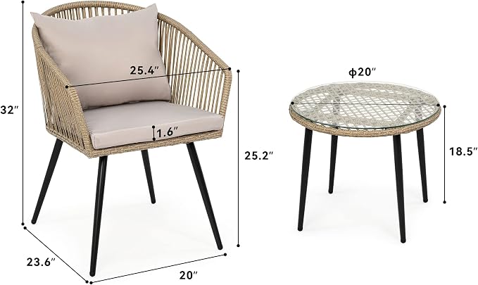 YITAHOME 3-Piece Wicker Small Patio Balcony Chair Set, Outdoor Rattan Conversation Apartment Chairs for Backyard, Balcony and Apartment with Soft Cushions, Glass Side Table Gray