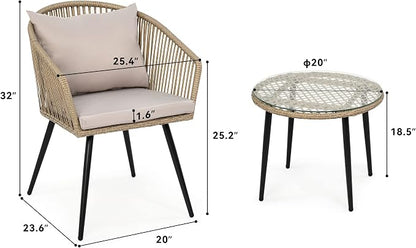 YITAHOME 3-Piece Wicker Small Patio Balcony Chair Set, Outdoor Rattan Conversation Apartment Chairs for Backyard, Balcony and Apartment with Soft Cushions, Glass Side Table Gray