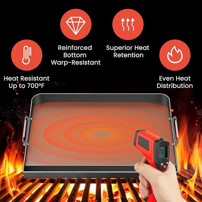 23x16 Inch Nonstick Universal Grill Griddle for Gas Grill, Built-in Grease Channel & Reinforced Even-Heat Base, Easy Clean, BBQ Griddle Plate for Outdoor BBQ, Camping, Indoor Stovetop Cooking