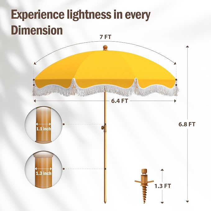 HERA'S PALACE 7 ft Heavy Duty Beach Umbrella with Sand Anchor, Fringe Umbrella for Sand, UV 50+, Patio Umbrella with Tilt Pole for Garden Pool Backyard